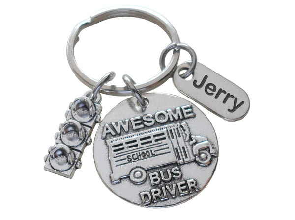 Awesome School Bus Driver Appreciation Keychain with Traffic Light Charm & Custom Engraving on Thank You Tag by JewelryEveryday