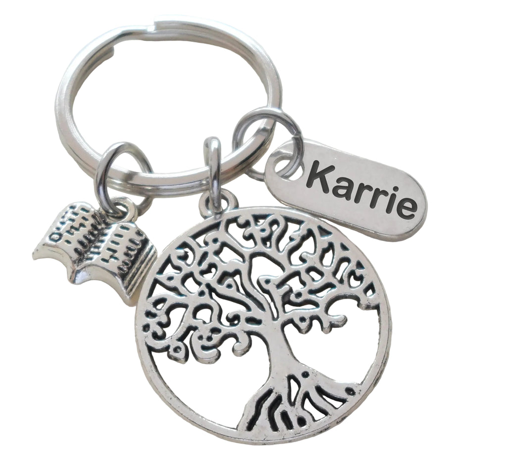 School Staff & Volunteers Appreciation Keychain with Tree Charm, Book Charm, and Custom Engraved Thank You Tag - with Thanks for Helping Our Students Grow Card by JewelryEveryday