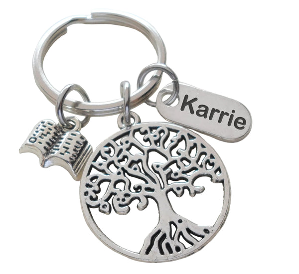 School Staff & Volunteers Appreciation Keychain with Tree Charm, Book Charm, and Custom Engraved Thank You Tag - with Thanks for Helping Our Students Grow Card by JewelryEveryday
