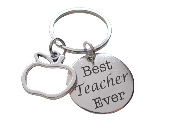 Apple Charm Keychain for Teachers with Engraved "Best Teacher Ever" Message Disc