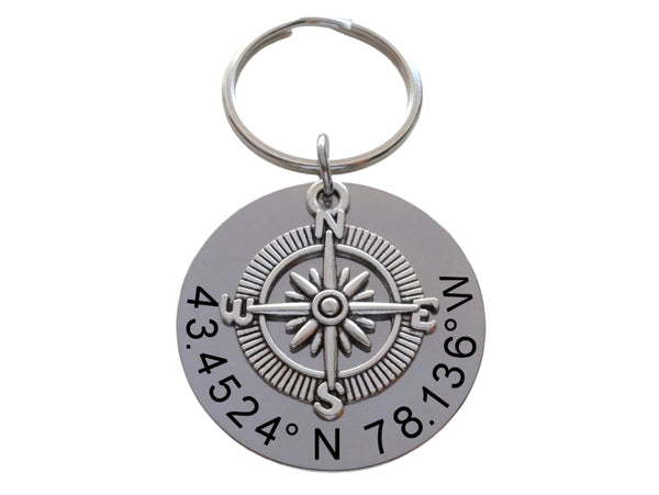 Custom Engraved Coordinates Keychain Steel Disc with Compass Charm, Anniversary Gift Keychain, Special Occasion GPS Keychain