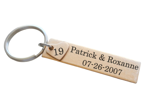 Custom Engraved Bronze Tag with Heart Charm Keychain, Anniversary Gift Keychain, Personalized Engraved Keychain
