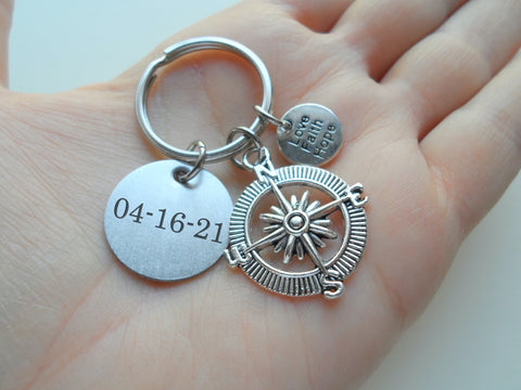 Compass Keychain with Love Faith Hope Circle Charm and Custom Engraved Disc, Religious Keychain