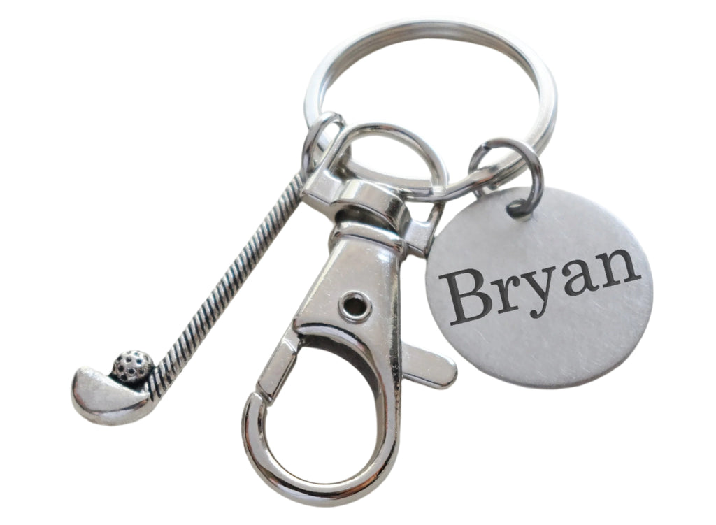 Golf Keychain with Golf Club Charm, Swivel Clasp & Custom Engraved Disc, Golfer or Coach Keychain
