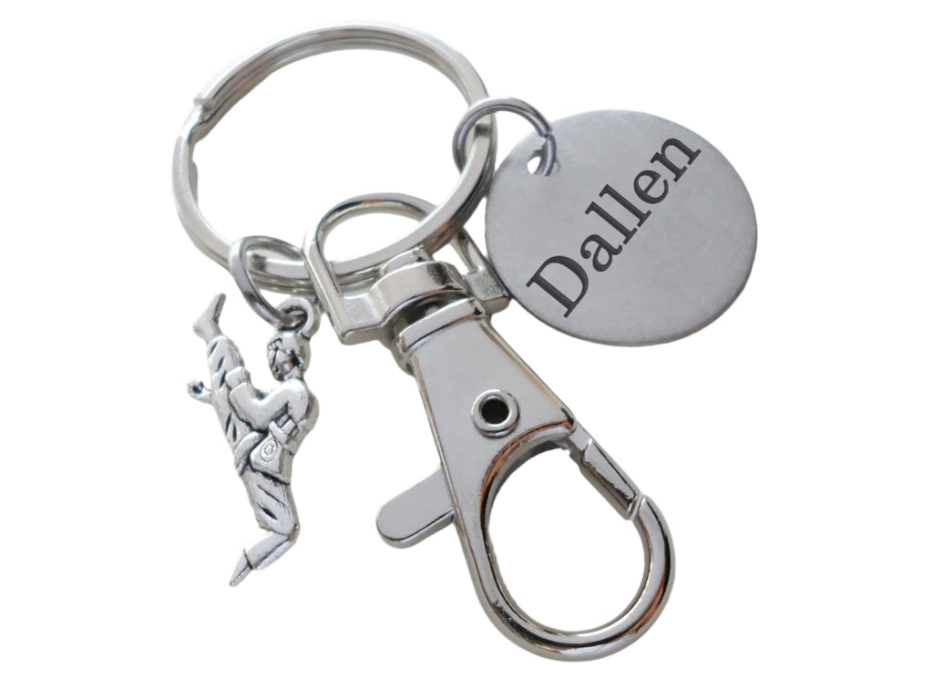 Martial Arts Keychain with Kicking Student Charm, Swivel Clasp, and Custom Engraved Disc; Karate, Taekwondo or Coach Keychain