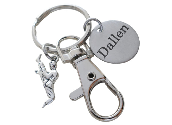 Martial Arts Keychain with Kicking Student Charm, Swivel Clasp, and Custom Engraved Disc; Karate, Taekwondo or Coach Keychain