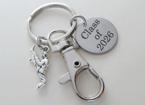 Martial Arts Keychain with Kicking Student Charm, Swivel Clasp, and Custom Engraved Disc; Karate, Taekwondo or Coach Keychain