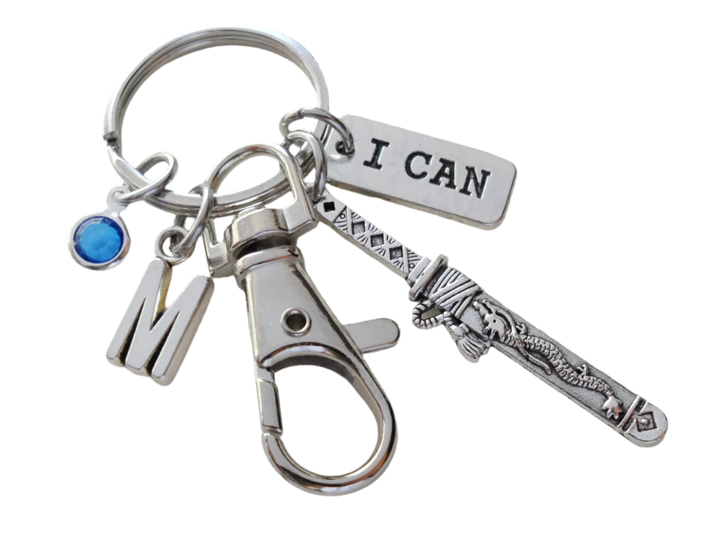 Samurai Sword Charm Keychain with I Can Tag Charm & Swivel Clasp with Options to Add Personalized Charms