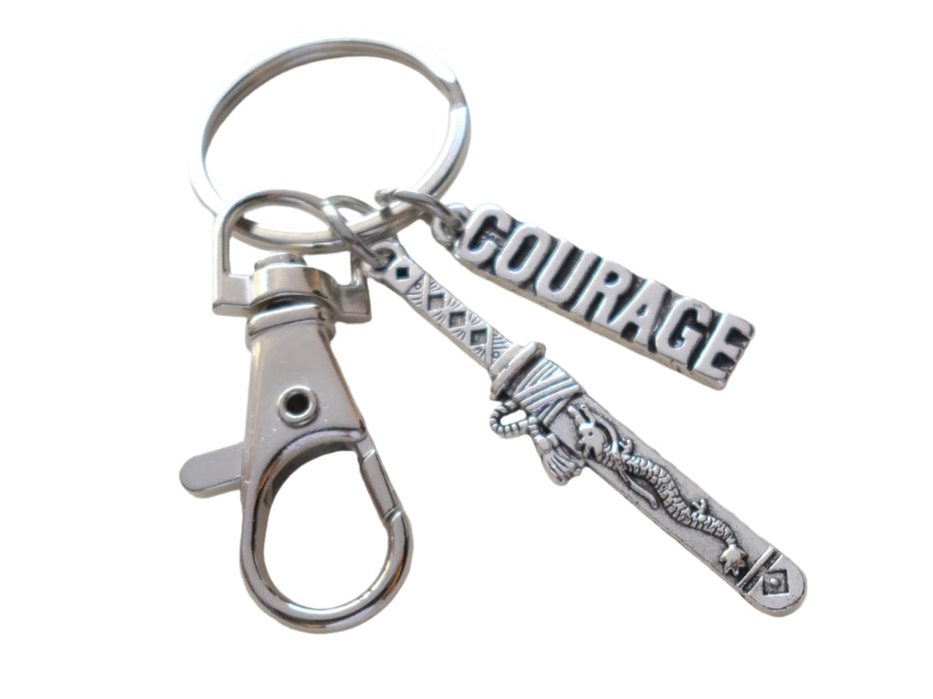Martial Arts Keychain with Samurai Sword Charm, Courage Charm, and Swivel Clasp, Karate, Taekwondo or Coach Keychain