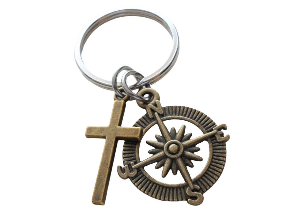 Bronze Compass & Cross Charm Keychain, Religious Youth Camp, Teacher, Neighbor or Volunteer Keychain