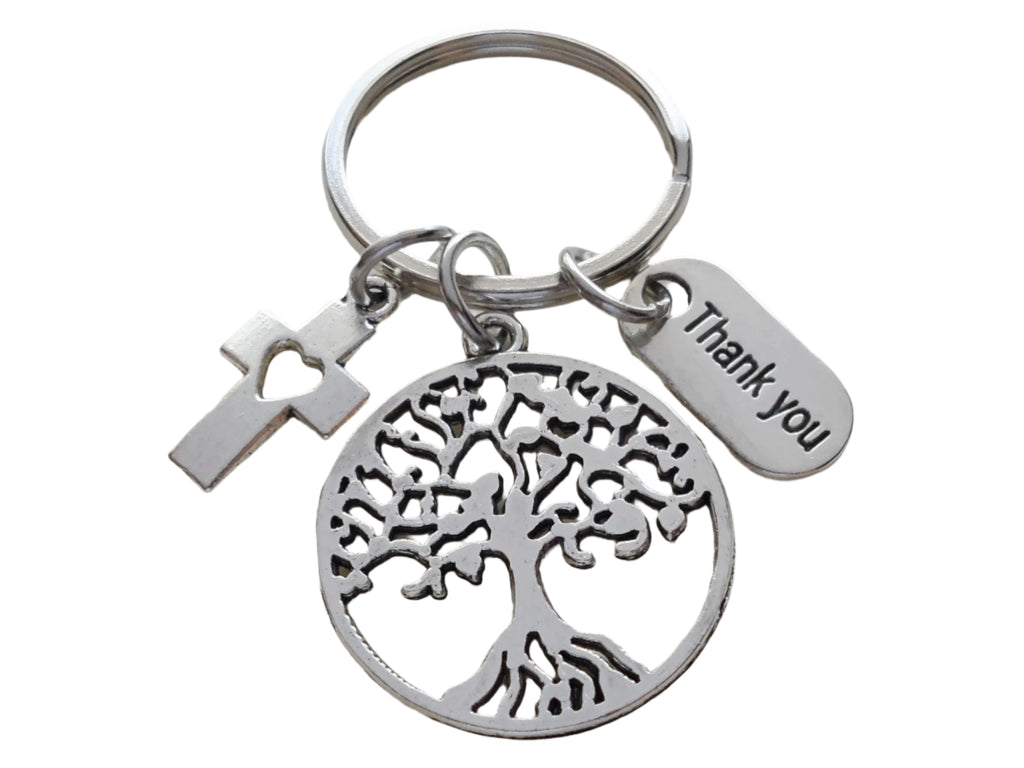 Tree, Cross, & Thank You Charm Keychain, Religious Teacher, Neighbor or Volunteer Keychain