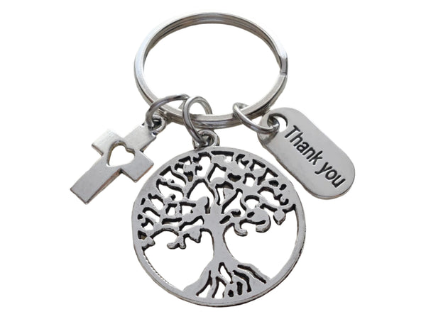 Tree, Cross, & Thank You Charm Keychain, Religious Teacher, Neighbor or Volunteer Keychain