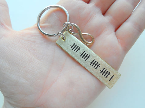 Custom Engraved Brass Tag Keychain with Tally Marks and Brass Infinity Charm by Jewelry Everyday