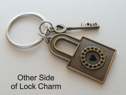 Custom Engraved Bronze Lock Charm Keychain with Love Key Charm