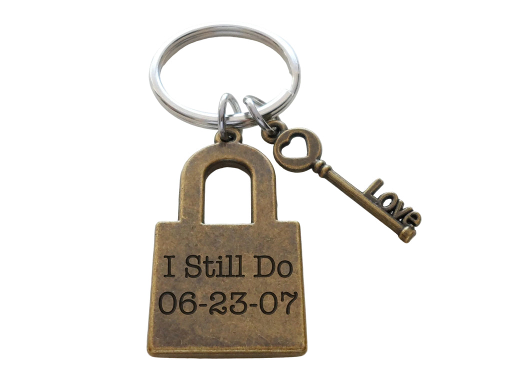 Custom Engraved Bronze Lock Charm Keychain with Love Key Charm
