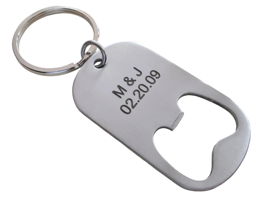Stainless Steel Bottle Opener Keychain with Custom Engraving; Couples Anniversary Keychain