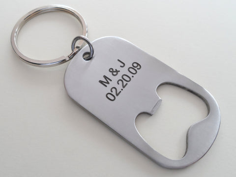 Stainless Steel Bottle Opener Keychain with Custom Engraving; Couples Anniversary Keychain