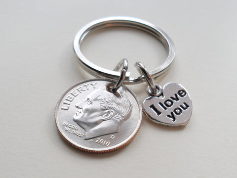 10 Year Anniversary Gift - Dime Keychain with I love You Charm, Custom Options by Jewelry Everyday