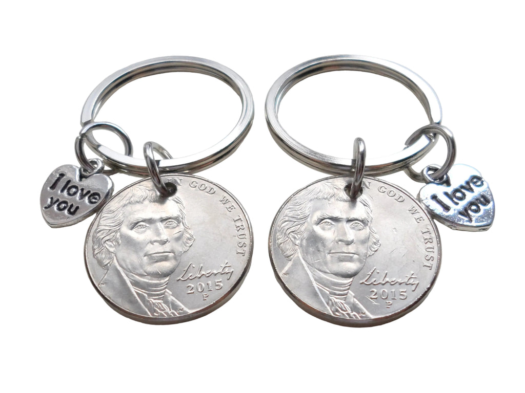2 Nickel Keychains with I Love You Heart Charms for Couples Anniversary