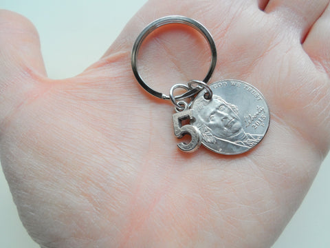 5 Year Anniversary Gift - Double Keychain Set Nickel Keychains with Number 5 Charm by Jewelry Everyday