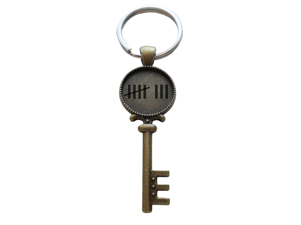 Bronze Key Charm Keychain with 8 Tally Marks Engraved, For Couples 8 Year Anniversary