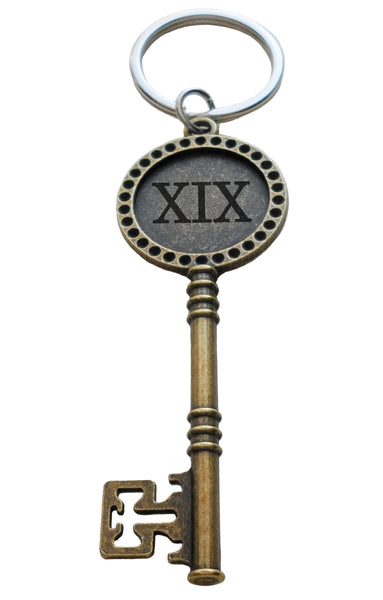 Bronze Key Charm Keychain with XIX Engraved, For Couples 19 Year Anniv ...
