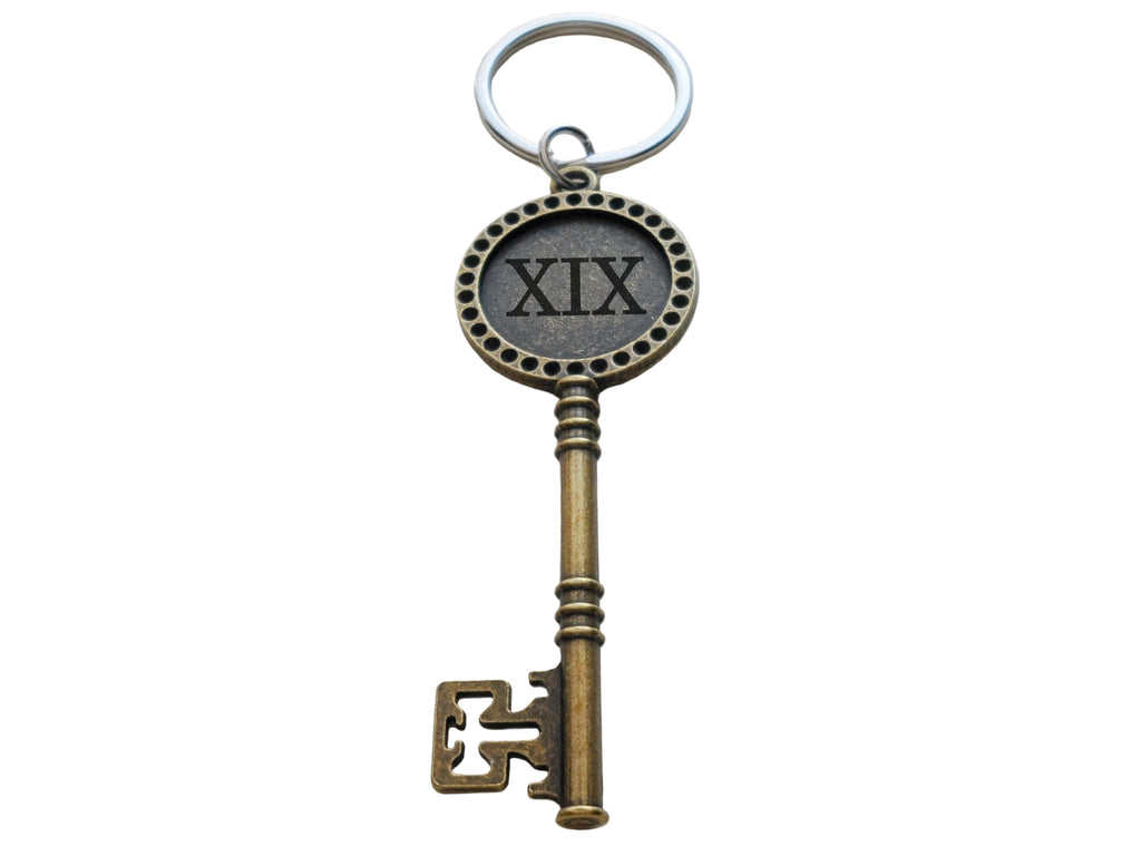 Bronze Key Charm Keychain with XIX Engraved, For Couples 19 Year Anniversary