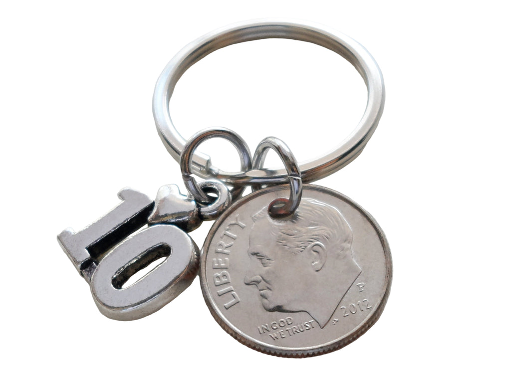 Custom Dime Keychain with Number 10 Charm, Couples 10 Year Anniversary Gift