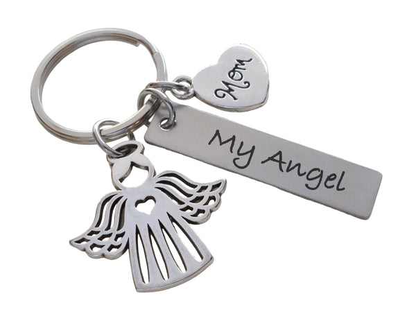 Mom Memorial Keychain with Angel Charm, Mom Heart Charm & "My Angel" Engraved Rectangle Tag