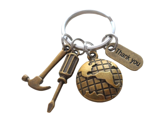 Employee Appreciation Gifts • "Thank You" Tag & Bronze World Globe Keychain with Hammer & Screwdriver Charm by JewelryEveryday with "You Mean The World To Us!" Card.