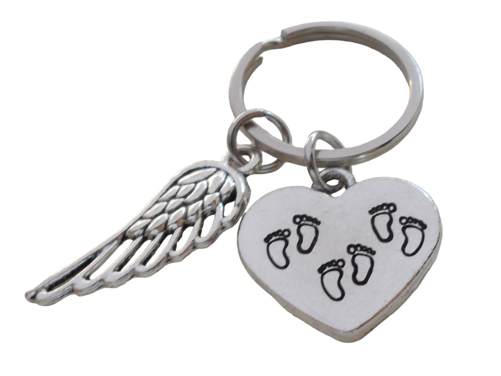 Triplet Babies Memorial Keychain, 3 Baby Feet Engraved Heart Charm & Wing Charm by JewelryEveryday