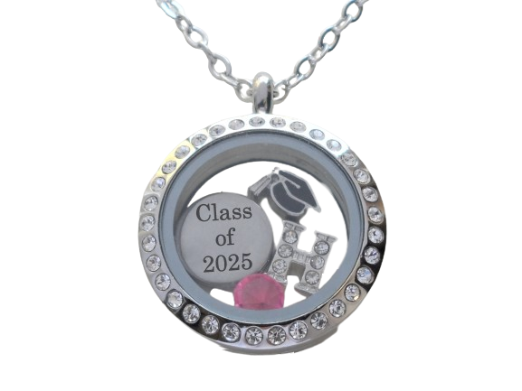 Class of 2025 Graduate Locket Necklace with Graduate Cap, "Class of 2025" Disc Charm, and Custom Letter & Birthstone - by Jewelry Everyday