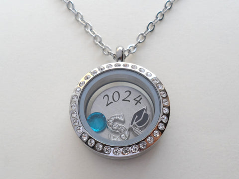 Personalized 25mm Circle Class of 2024 Graduate Floating Locket Necklace w/ Clear Crystal Edge for Graduation with Letter & Birthstone Charm - by Jewelry Everyday