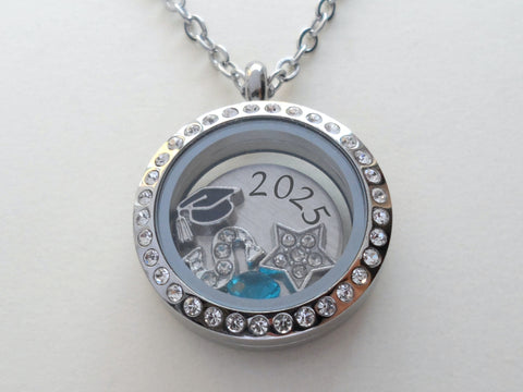 Class of 2025 Graduate Locket Necklace with Graduate Cap, 2025 Disc, and Custom Letter & Birthstone - by Jewelry Everyday