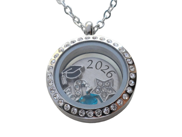 Class of 2026 Graduate Locket Necklace with Graduate Cap, 2026 Disc, and Custom Letter & Birthstone - by Jewelry Everyday