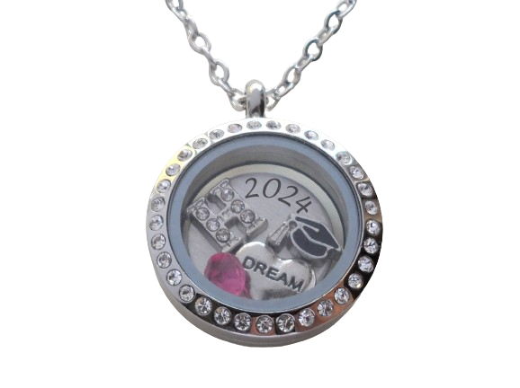 Personalized Graduation Floating Charm Locket Necklace w/ 2024 Disc, Graduate Cap, Dream Heart, Letter and Birthstone Charm - by Jewelry Everyday