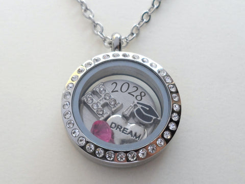 Personalized Graduation Floating Charm Locket Necklace with 2027 Disc (Or Other Years), Graduate Cap, Letter and Birthstone Charm - by Jewelry Everyday