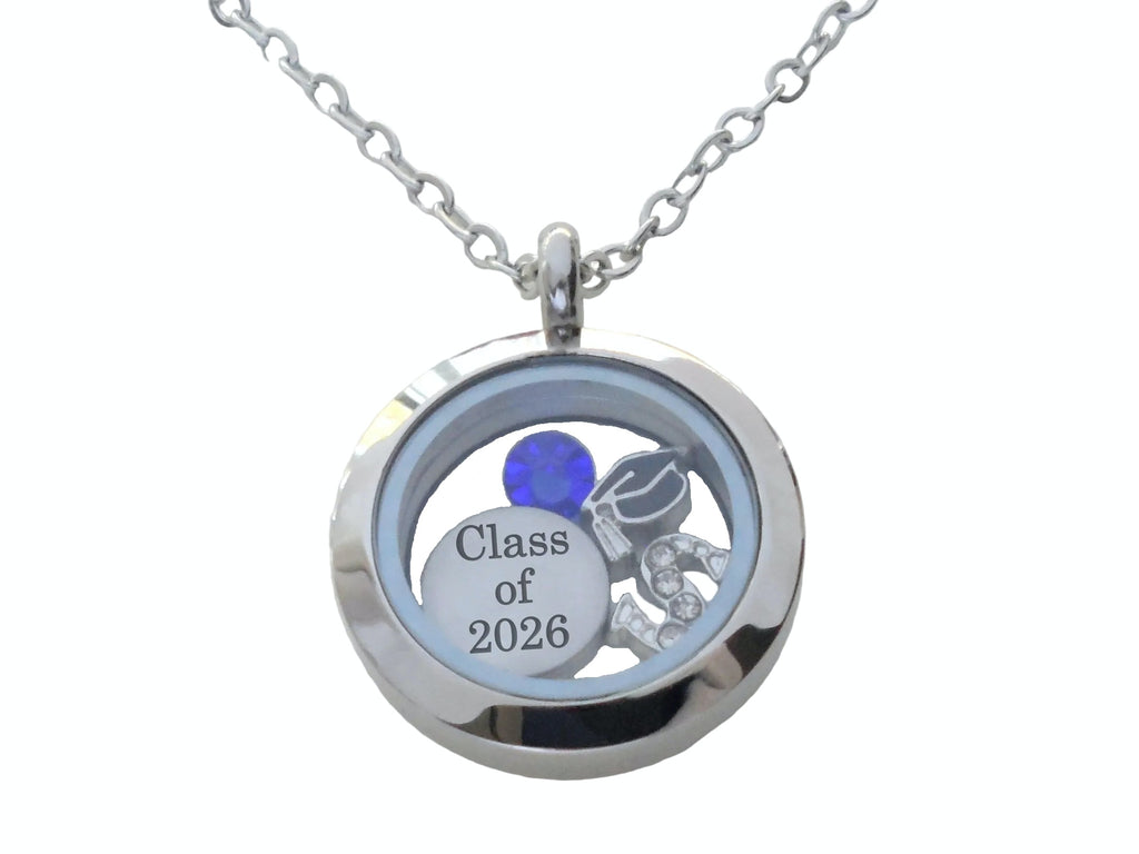 Class of 2026 Graduate Locket Necklace with Graduate Cap, "Class of 2026" Disc Charm, and Custom Letter & Birthstone - by Jewelry Everyday