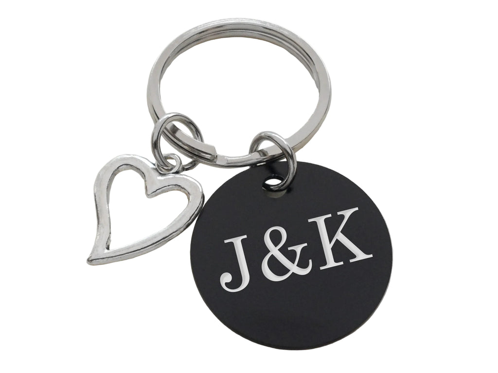 Custom Engraved Anodized Aluminum Disc Keychain With Heart Charm, Couples Anniversary Keychain