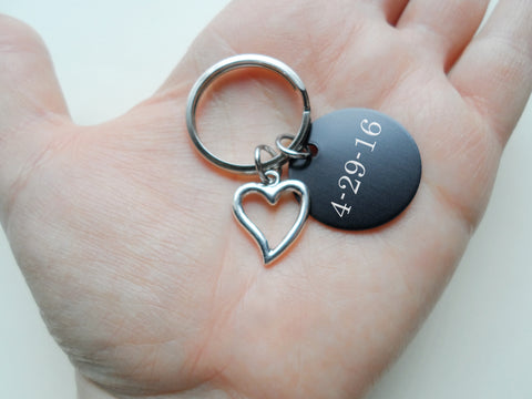 Custom Engraved Anodized Aluminum Disc Keychain With Heart Charm, Couples Anniversary Keychain