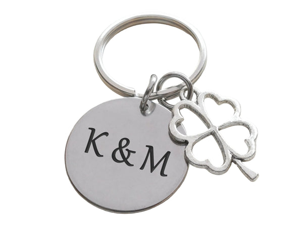 Custom Engraved Disc Keychain with Shamrock 4 Leaf Clover Charm; Couples Keychain