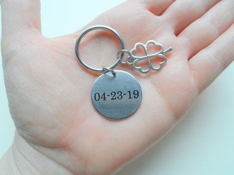 Custom Engraved Disc Keychain with Shamrock 4 Leaf Clover Charm; Couples Keychain