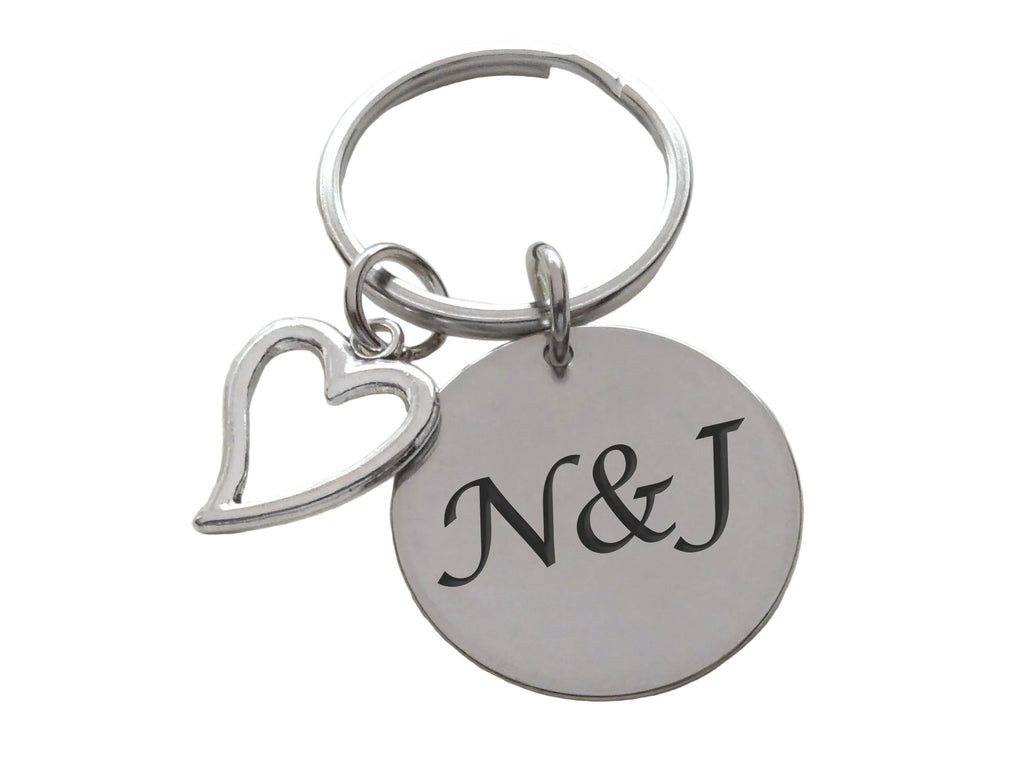 Custom Engraved Steel Disc Keychain With Heart Charm, Couples Anniversary Keychain