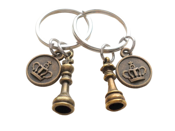 Bronze Chess Piece Charm Keychains with Crown Charms, King and Queen Set - Couples Keychain Set by JewelryEveryday