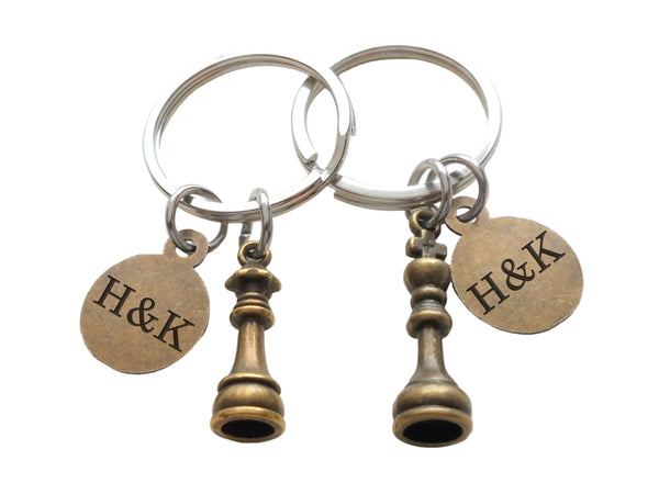Custom Bronze Chess Piece Charm Keychains with Personalized Crown Charms, King and Queen Set - Couples Keychain Set by JewelryEveryday
