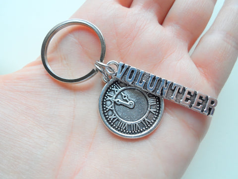 Volunteer Appreciation Gift - Silver Clock & Volunteer Charm Keychain with "Thanks for giving us your time!" Card by Jewelry Everyday