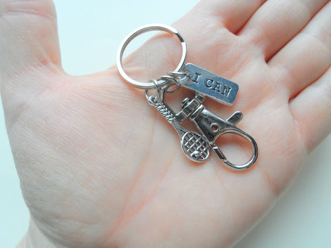 Tennis Racquet Charm Keychain with I Can Charm, Swivel Clasp & Initial Charm, Tennis Player or Coach Keychain