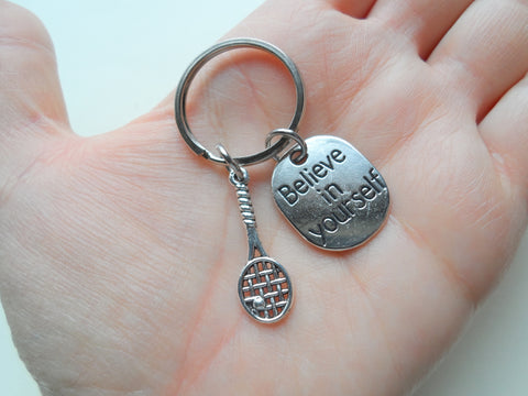 Tennis Racquet Charm Keychain with Believe in Yourself Charm & Initial Charm, Tennis Player or Coach Keychain