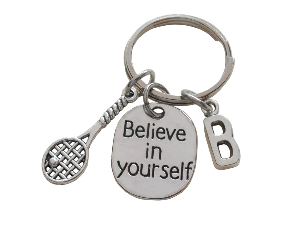 Tennis Racquet Charm Keychain with Believe in Yourself Charm & Initial Charm, Tennis Player or Coach Keychain