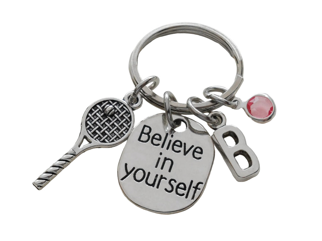 Tennis Racquet Charm Keychain with Believe in Yourself Charm & Initial Charm, Tennis Player or Coach Keychain by JewelryEveryday